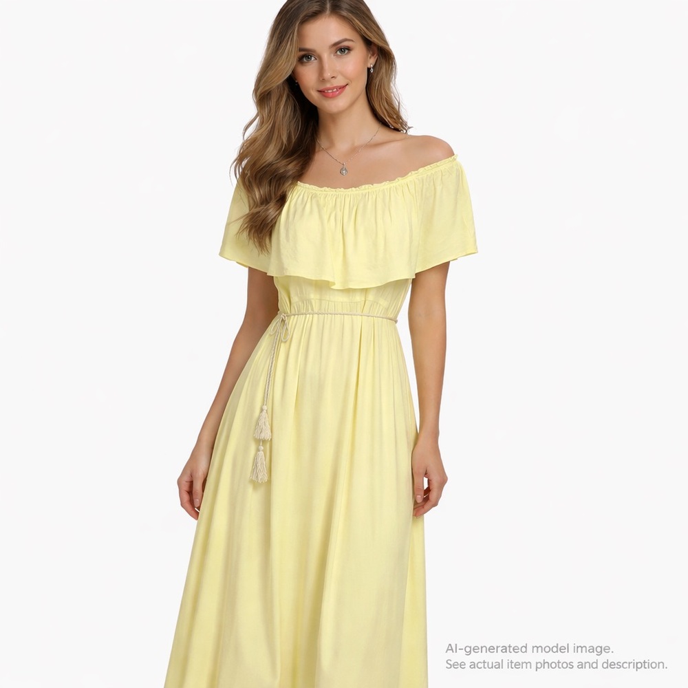 102. Elegant Yellow Off-the-Shoulder Maxi Dress with Rope Waist Tie